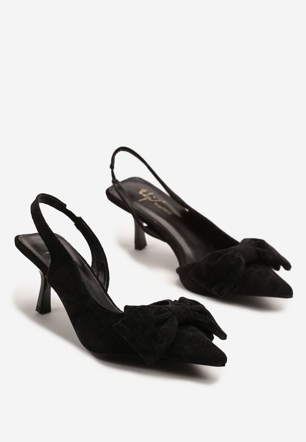 Renee - Czarne Sandały na Szpilce Slingback z Kokardą Sunaiel. Okazja: na co dzień. Kolor: czarny. Materiał: jeans. Obcas: na szpilce. Styl: klasyczny, elegancki, casual