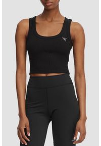 Guess - GUESS Czarny krótki damski tank top Silvy Rib, Rozmiar S. Okazja: na co dzień. Kolor: czarny. Materiał: materiał, prążkowany. Długość: krótkie. Sezon: lato. Styl: elegancki, casual #1