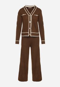 Born2be - Brązowy Dzianinowy Komplet Szerokie Spodnie i Kardigan z Lamówkami Gioresa. Kolor: brązowy. Materiał: dzianina. Wzór: gładki. Sport: turystyka piesza #3