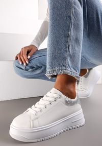 Renee - Biało-Srebrne Sneakersy na Platformie przed Kostkę Ocania. Wysokość cholewki: przed kostkę. Kolor: biały. Obcas: na platformie #2