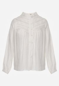 Born2be - Biała Bawełniana Rustykalna Koszula ze Stójką i Koronkowymi Wstawkami Felielia. Okazja: na co dzień. Typ kołnierza: kołnierzyk stójkowy. Kolor: biały. Materiał: bawełna, koronka. Styl: casual, elegancki #5