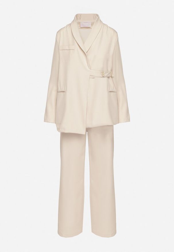 Born2be - Beżowy Garnitur Marynarka o Asymetrycznym Kroju i Szerokie Spodnie Purria. Kolor: beżowy