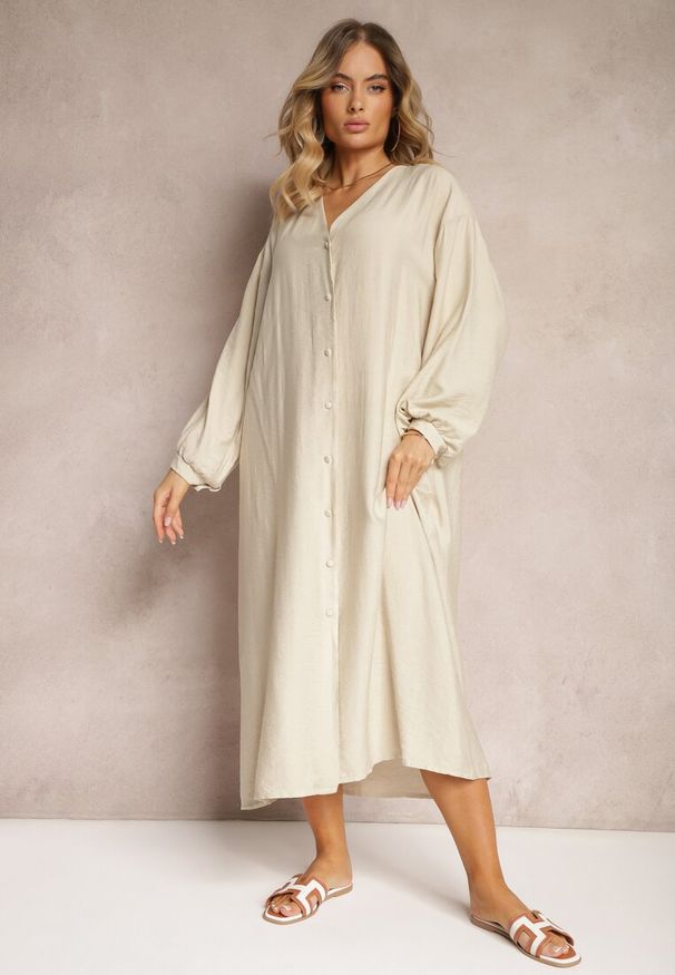 Renee - Beżowa Sukienka w Stylu Koszulowym z Bufiastymi Rękawami i Wiskozą Denisea. Typ kołnierza: dekolt w serek. Kolor: beżowy. Materiał: wiskoza. Typ sukienki: koszulowe. Styl: klasyczny, elegancki