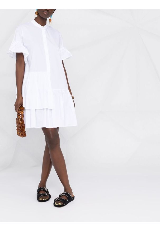 TwinSet - Sukienka z asymetrycznymi falbanami Twinset. Typ kołnierza: kołnierzyk stójkowy. Kolor: biały. Materiał: bawełna, tkanina, elastan. Typ sukienki: asymetryczne. Styl: klasyczny