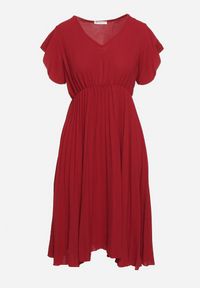 Born2be - Bordowa Sukienka Plisowana o Rozkloszowanym Fasonie i Trójkątnym Dekolcie Rissara. Okazja: na spotkanie biznesowe, na co dzień. Kolor: czerwony. Materiał: materiał, skóra. Długość rękawa: krótki rękaw. Styl: elegancki, casual, biznesowy #2