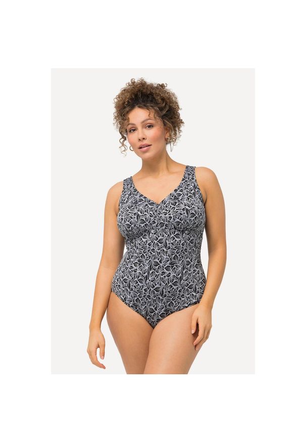 ULLA POPKEN - Damski Strój kąpielowy liście miękkie miseczki głębokie wycięcie na plecach. Kolekcja: plus size. Kolor: czarny. Materiał: poliamid, poliester, materiał, elastan