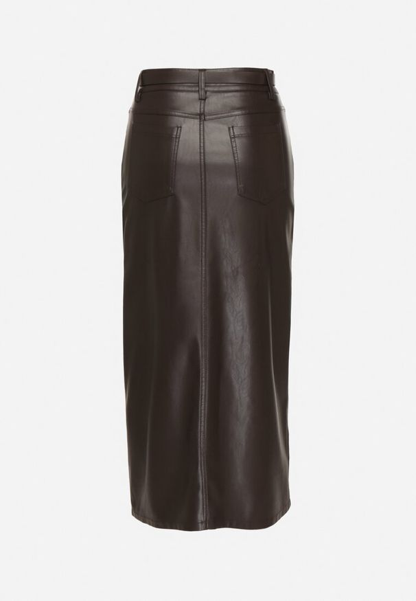 Born2be - Ciemnobrązowa Długa Spódnica High Waist z Imitacji Skóry z Dodatkowym Paskiem i Rozcięciem Wyneti. Okazja: na co dzień. Stan: podwyższony. Kolor: brązowy. Materiał: skóra. Długość: długie. Styl: casual, elegancki, klasyczny