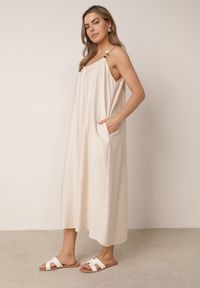 Born2be - Beżowa Pudełkowa Sukienka Boho z Wiskozy na Ramiączkach z Ozdobnymi Koralikami Erane. Okazja: na co dzień. Kolekcja: plus size. Kolor: beżowy. Materiał: wiskoza. Długość rękawa: na ramiączkach. Typ sukienki: proste, dla puszystych. Styl: boho #3