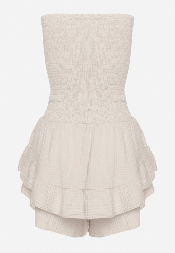 Born2be - Beżowy Kombinezon z Bawełny z Elastyczną Gumką w Talii i Falbanką Olialia. Okazja: na spacer. Kolor: beżowy. Materiał: bawełna. Sezon: lato