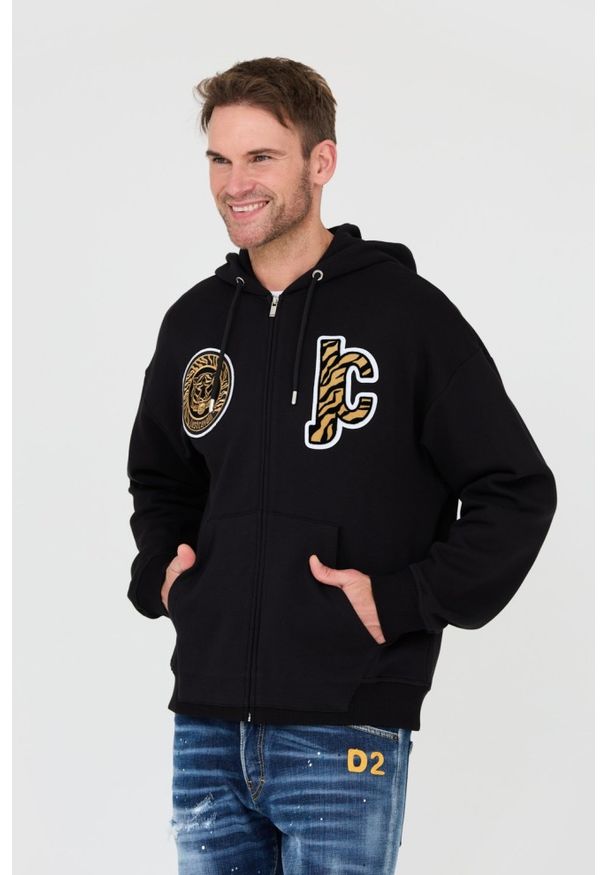 Just Cavalli - JUST CAVALLI Czarna męska bluza z kapturem Mix Patches, Rozmiar S. Typ kołnierza: kaptur. Kolor: czarny