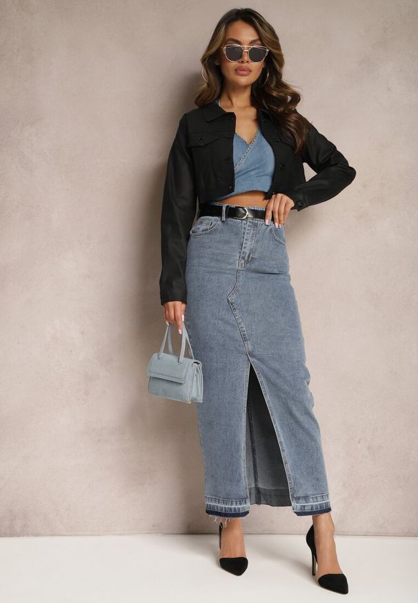 Renee - Granatowa Ołówkowa Spódnica Jeansowa z Ozdobnym Rozcięciem Lefrana. Kolor: niebieski. Materiał: jeans. Styl: elegancki
