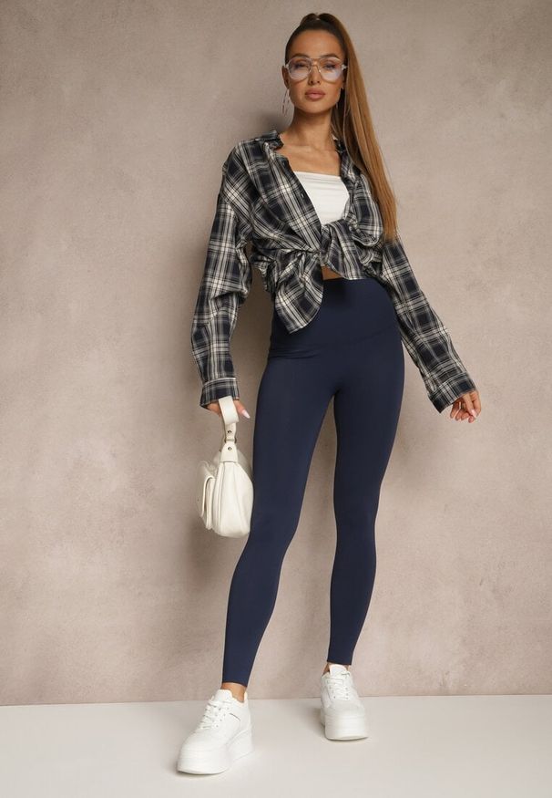 Renee - Granatowe Basicowe Legginsy High Waist Tofelia. Stan: podwyższony. Kolor: niebieski. Materiał: tkanina