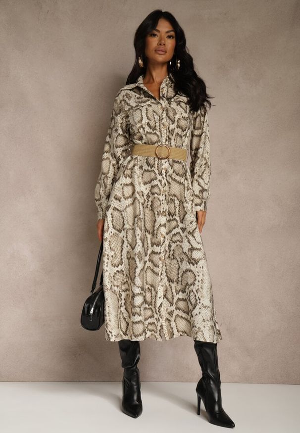 Renee - Beżowa Koszulowa Sukienka Snake Print z Wiskozą i Paskiem Bririn. Okazja: na co dzień. Kolor: beżowy. Materiał: wiskoza. Wzór: nadruk. Typ sukienki: koszulowe. Styl: casual