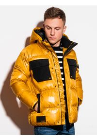 Ombre Clothing - Kurtka męska zimowa C457 - żółta - XL. Kolor: żółty. Materiał: poliester. Wzór: aplikacja. Sezon: zima