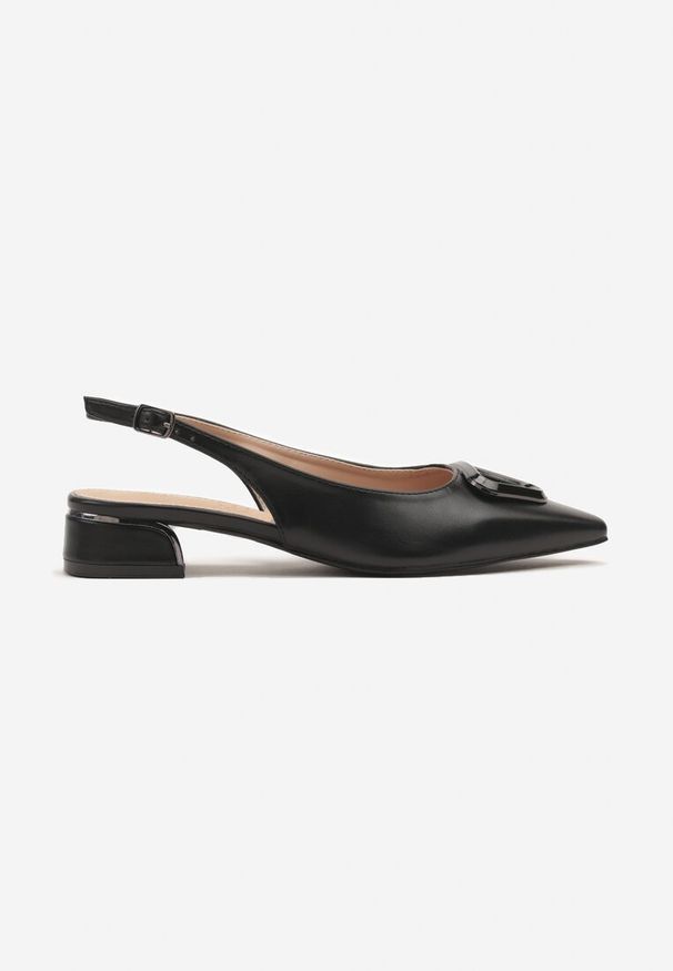 Renee - Czarne Sandały Vices Typu Slingback na Niskim Obcasie ze Skórzaną Wkładką Geometryczną Ozdobą Lilienia. Zapięcie: sprzączka. Kolor: czarny. Materiał: skóra. Wzór: aplikacja, geometria. Obcas: na obcasie. Styl: elegancki. Wysokość obcasa: niski