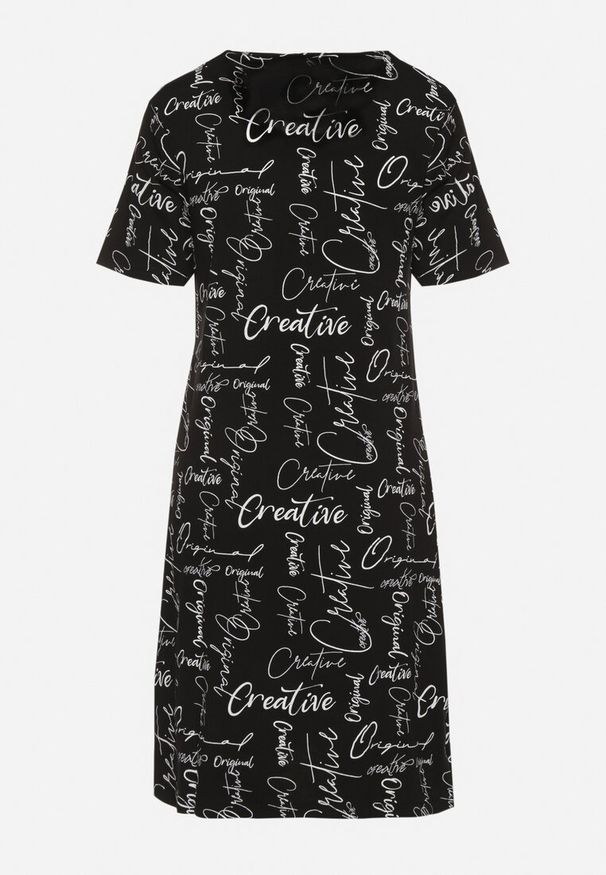 Born2be - Czarna Bawełniana Sukienka o T-shirtowym Kroju z Ozdobnym Nadrukiem Feviressa. Okazja: na co dzień. Kolor: czarny. Materiał: bawełna. Długość rękawa: krótki rękaw. Wzór: nadruk. Sezon: lato. Styl: casual, elegancki