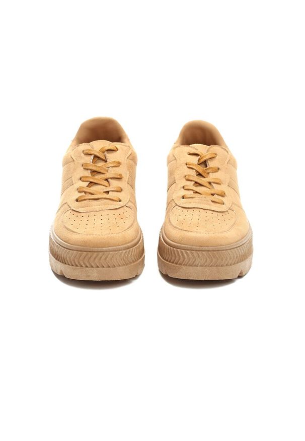 Renee - Ciemnobeżowe Sneakersy z Perforacją na Żłobionej Podeszwie Riparian Rights. Nosek buta: okrągły. Zapięcie: sznurówki. Kolor: beżowy. Szerokość cholewki: normalna. Wzór: jednolity. Sezon: jesień, wiosna