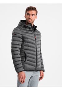 Ombre Clothing - Lekko ocieplona pikowana kurtka męska z satynowym wykończeniem – grafitowa V14 - Rozmiar: M. Typ kołnierza: kołnierzyk stójkowy. Kolor: szary. Materiał: satyna. Wzór: gładki, aplikacja. Styl: elegancki