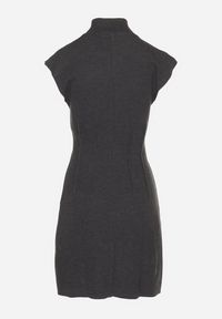 Born2be - Ciemnoszara Sukienka z Prążkowanej Dzianiny o Taliowanym Kroju z Półgolfem Ivarinae. Okazja: na co dzień, na spotkanie biznesowe. Kolor: szary. Materiał: prążkowany, dzianina. Długość rękawa: bez rękawów. Styl: biznesowy, casual, elegancki #5