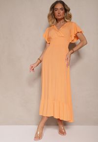 Renee - Pomarańczowa Rozkloszowana Sukienka z Wiskozy z Kopertowym Dekoltem Rellrive. Okazja: na co dzień. Kolor: pomarańczowy. Materiał: wiskoza. Długość rękawa: krótki rękaw. Typ sukienki: kopertowe. Styl: klasyczny, casual #3