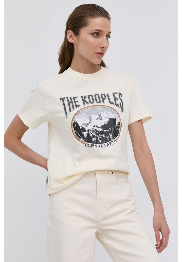 The Kooples T-shirt bawełniany kolor kremowy. Okazja: na co dzień. Kolor: beżowy. Materiał: bawełna. Wzór: nadruk. Styl: casual