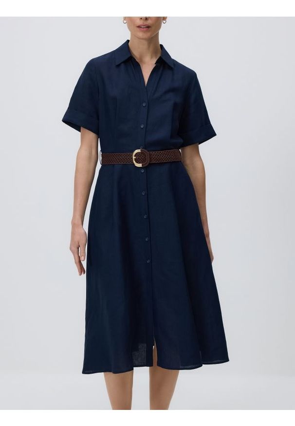 Reserved - Sukienka midi z lnem - granatowy. Kolor: niebieski. Materiał: len. Długość: midi