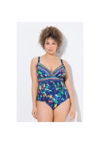 ULLA POPKEN - Damski Strój kąpielowy miękkie miseczki dekolt w serek siateczka Powermesh. Kolekcja: plus size. Kolor: niebieski. Materiał: poliester, elastan, poliamid, materiał