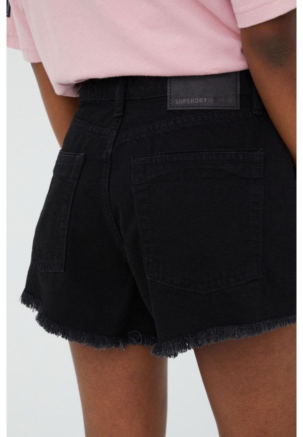 Superdry szorty jeansowe damskie kolor czarny gładkie high waist. Stan: podwyższony. Kolor: czarny. Materiał: jeans. Wzór: gładki