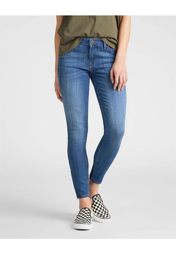 Lee - LEE SCARLETT CROPPED DAMSKIE SPODNIE JEANSOWE JEANSY DŻINSY RURKI 112106375, W28 L33. Kolor: niebieski. Wzór: aplikacja. Styl: klasyczny, elegancki