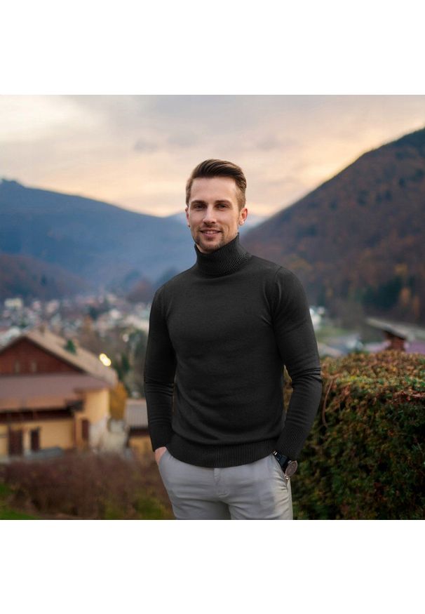 Bawełniany Męski Golf - Pako Jeans - Czarny. Typ kołnierza: golf. Kolor: czarny. Materiał: bawełna. Styl: klasyczny