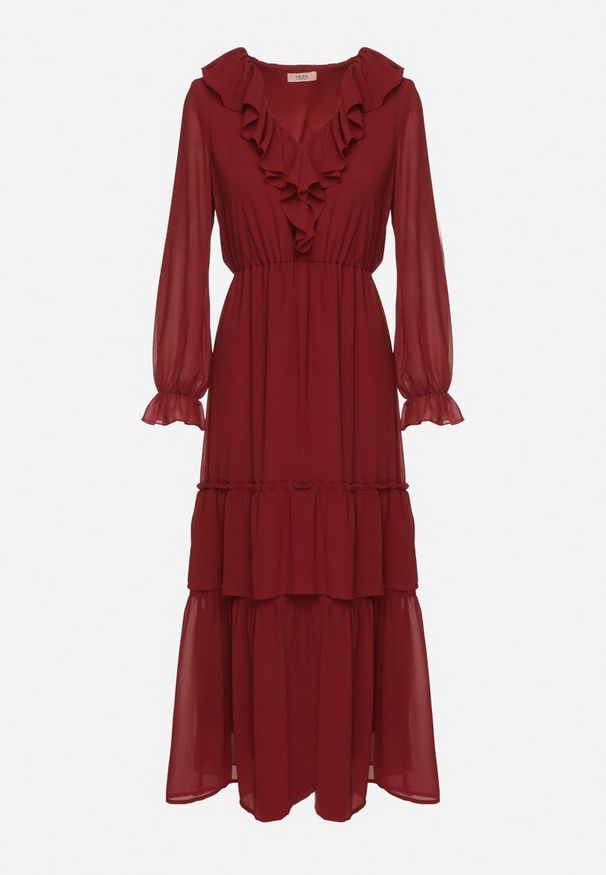 Born2be - Bordowa Siateczkowa Sukienka VICES o Rozkloszowanym Kroju z Falbanami Arevite. Typ kołnierza: dekolt w kształcie V. Kolor: czerwony. Typ sukienki: rozkloszowane. Styl: klasyczny