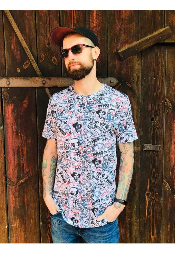 Biały T-Shirt (Koszulka) z Nadrukiem -Brave Soul- Męski, Broda, Fajka, Znaki, 100% Bawełna. Okazja: na co dzień. Kolor: biały. Materiał: bawełna. Wzór: nadruk. Styl: casual