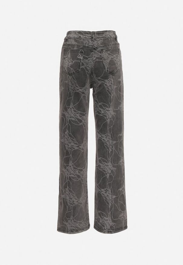 Born2be - Ciemnoszare Bawełniane Jeansy Szerokie w Abstrakcyjny Print Loramiasa. Okazja: na co dzień. Kolor: szary. Wzór: nadruk. Styl: casual