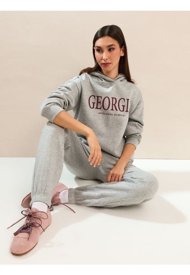 Sinsay - Spodnie jogger fleece z nadrukiem - szary. Kolor: szary. Wzór: nadruk