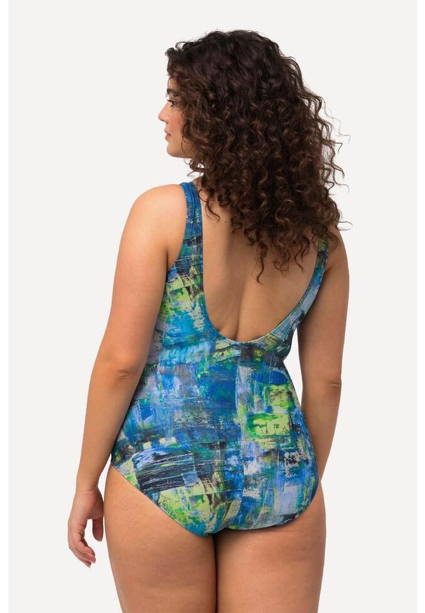 ULLA POPKEN - Damski Kostium kąpielowy frędzle dekolt w serce miękkie miseczki. Kolekcja: plus size. Kolor: niebieski. Materiał: elastan, poliamid, materiał