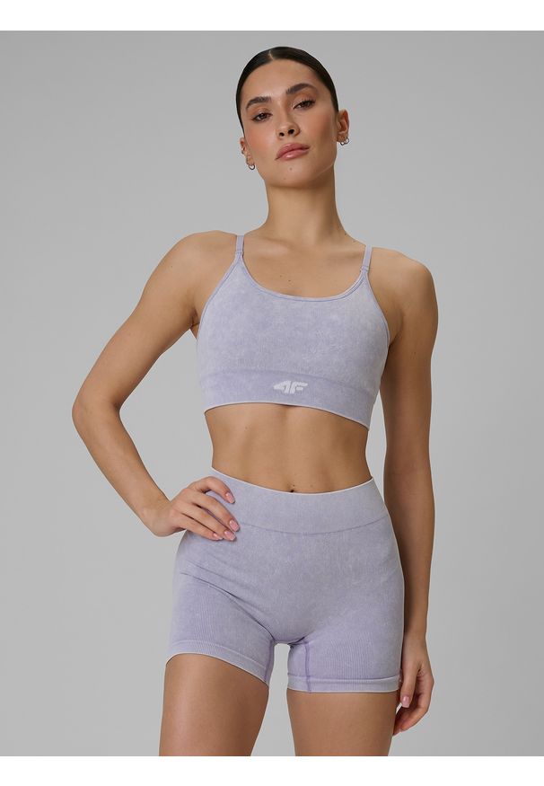 4f - 4F Biustonosz treningowy bezszwowy z niskim wsparciem damski - różowy M/L. Kolor: fioletowy. Rodzaj stanika: wyciągane miseczki. Sport: fitness, joga i pilates