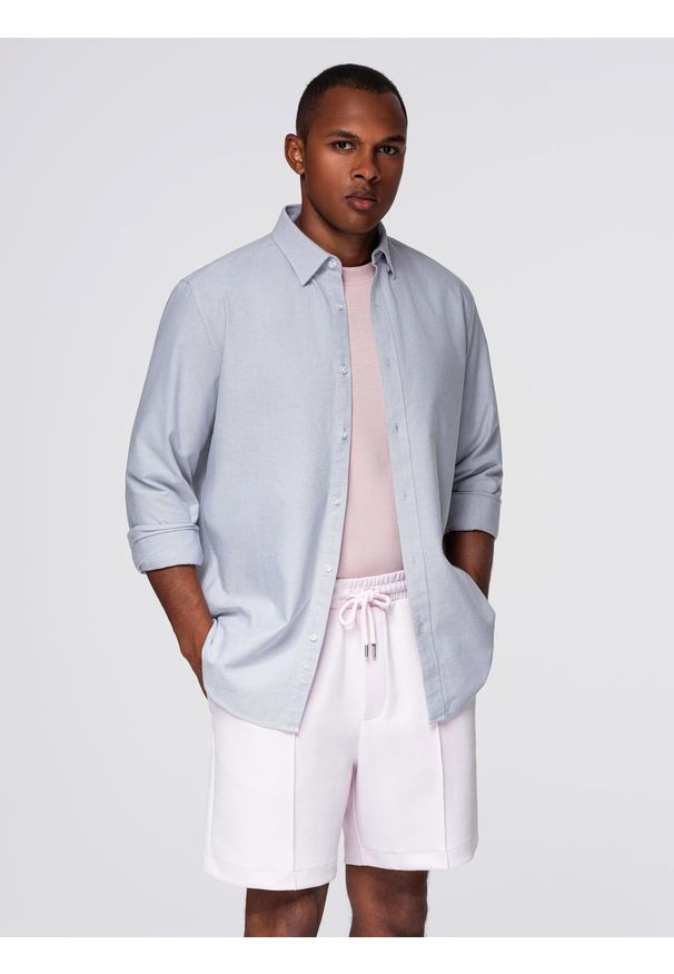 Ombre Clothing - Elegancka męska koszula oxford z haftem – błękitna V1 OM-SHOS-0172 - XXL. Okazja: na spotkanie biznesowe, do pracy. Typ kołnierza: kołnierzyk klasyczny. Kolor: niebieski. Materiał: bawełna, tkanina. Wzór: haft. Styl: elegancki