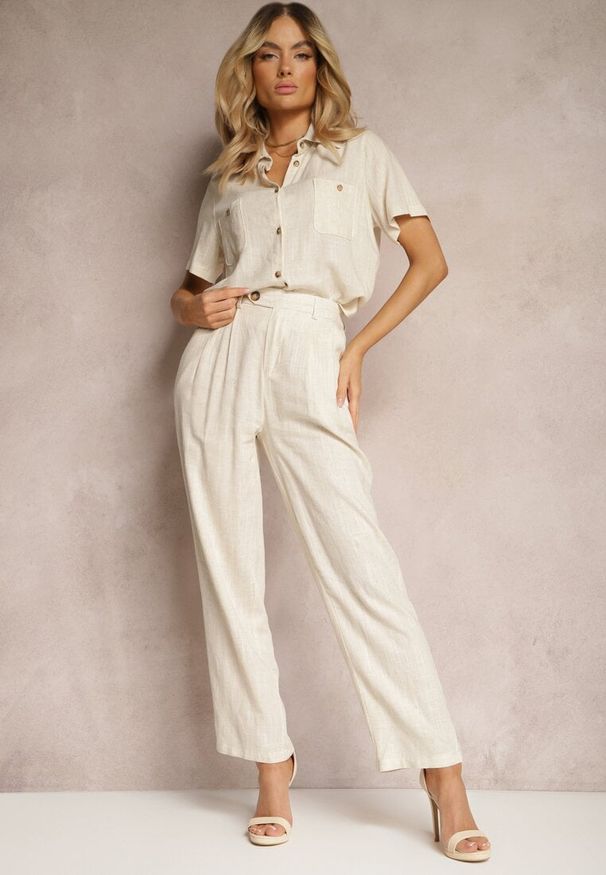 Renee - Jasnobeżowe Szerokie Spodnie z Lnu i Wiskozy o Luźnym Kroju Adnetha. Okazja: na co dzień. Kolor: beżowy. Materiał: len, wiskoza. Styl: elegancki, casual