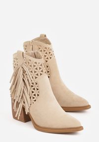 Born2be - Beżowe Botki Kowbojki na Stożkowym Obcasie z Ażurowym Wzorem i Eathetina. Okazja: na co dzień. Kolor: beżowy. Materiał: jeans. Wzór: ażurowy. Obcas: na obcasie. Styl: boho, casual, elegancki. Wysokość obcasa: średni #8