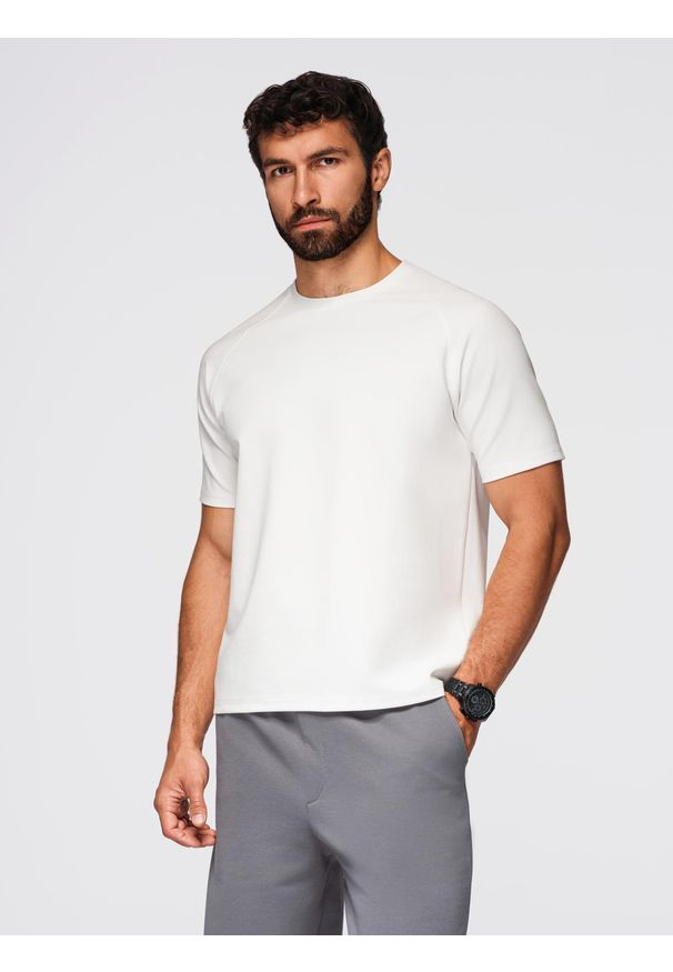 Ombre Clothing - Koszulka męska COMFORT FIT z raglanowym rękawem – off-white V1 - Rozmiar: M. Okazja: na co dzień. Materiał: dzianina, bawełna, poliester, elastan. Długość rękawa: raglanowy rękaw. Wzór: kolorowy, aplikacja. Styl: casual