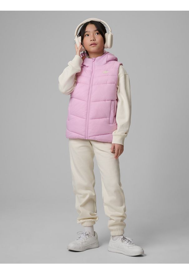 4f - 4F Bezrękawnik z wypełnieniem syntetycznym dziewczęcy - fioletowy 140 (9-10 lat). Okazja: na spacer, na co dzień, na uczelnię. Typ kołnierza: kołnierzyk stójkowy. Kolor: fioletowy. Materiał: syntetyk. Długość rękawa: bez rękawów. Sezon: lato. Styl: casual