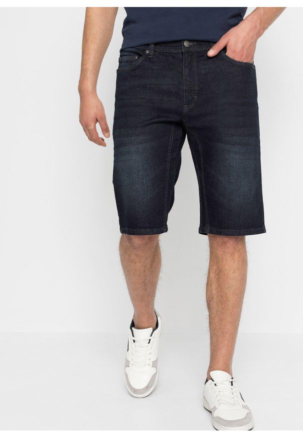 bonprix - Bermudy dżinsowe ze stretchem i wzmocnionym krokiem, regular fit. Kolor: niebieski. Styl: elegancki, klasyczny