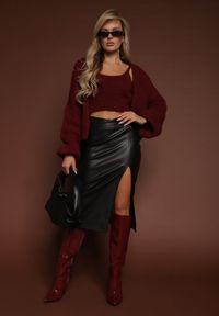 Renee - Bordowy Niezapinany Kardigan z Wełną i Wiskozą z Dołączonym Topem Belvane. Kolor: czerwony. Materiał: wełna, wiskoza. Długość rękawa: na ramiączkach #7
