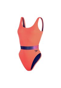 Strój kąpielowy damski Speedo Belted Deep. Kolor: fioletowy, pomarańczowy, niebieski, wielokolorowy. Materiał: poliester