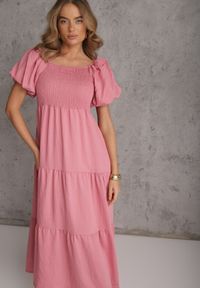 Renee - Różowa Sukienka z Wiskozy o Rozkloszowanym Kroju z Bufiastymi Rękawkami Rosena. Kolor: różowy. Materiał: wiskoza. Długość rękawa: krótki rękaw. Sezon: lato. Typ sukienki: rozkloszowane. Długość: maxi #2