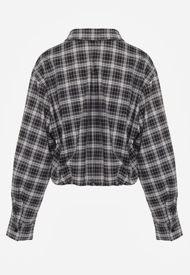 Renee - Czarna Koszula z Bawełny Typu Crop w Kratę Ozdobiona Marszczeniem Risettes. Okazja: na co dzień. Kolor: czarny. Materiał: bawełna. Wzór: aplikacja. Styl: casual