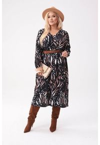 Moda Size Plus Iwanek - Overise'owa sukienka Oli z roślinnym printem PLUS SIZE XXL OVERSIZE. Okazja: na co dzień. Kolekcja: plus size. Wzór: nadruk. Typ sukienki: oversize, dla puszystych. Materiał: elastan, materiał, tkanina, poliester. Długość rękawa: długi rękaw. Sezon: jesień. Styl: casual, elegancki. Długość: midi