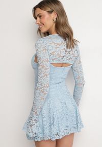 Born2be - Niebieska Rozkloszowane Sukienka Koktajlowa z Koronką i Bolerkiem Eyrfedi. Okazja: na wesele, na randkę, na ślub cywilny. Kolor: niebieski. Materiał: koronka. Długość rękawa: na ramiączkach. Wzór: koronka. Typ sukienki: rozkloszowane. Styl: wizytowy #5