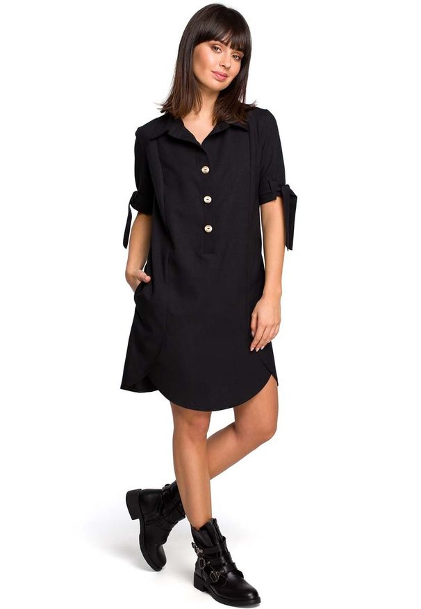 MOE - Czarna Koszulowa Sukienka Tunika z Wiązaniem na Rękawach. Kolor: czarny. Materiał: poliester, len. Typ sukienki: koszulowe