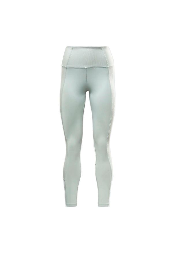 Damskie legginsy z wysokim stanem w prążki Reebok. Stan: podwyższony. Kolor: niebieski. Wzór: prążki. Sport: fitness